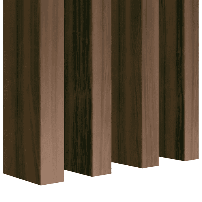 Listones de madera separadores LMO en acabado roble marrón oscuro. 